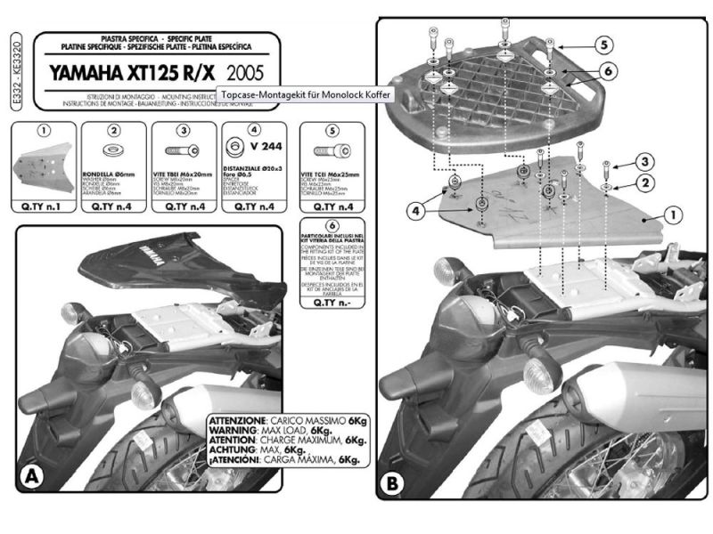 GIVI Mounting Kit E for Monolock Top Cases MBK Doodo 125 (2000-2001) Yamaha XT 125 X-R (2005-2009)