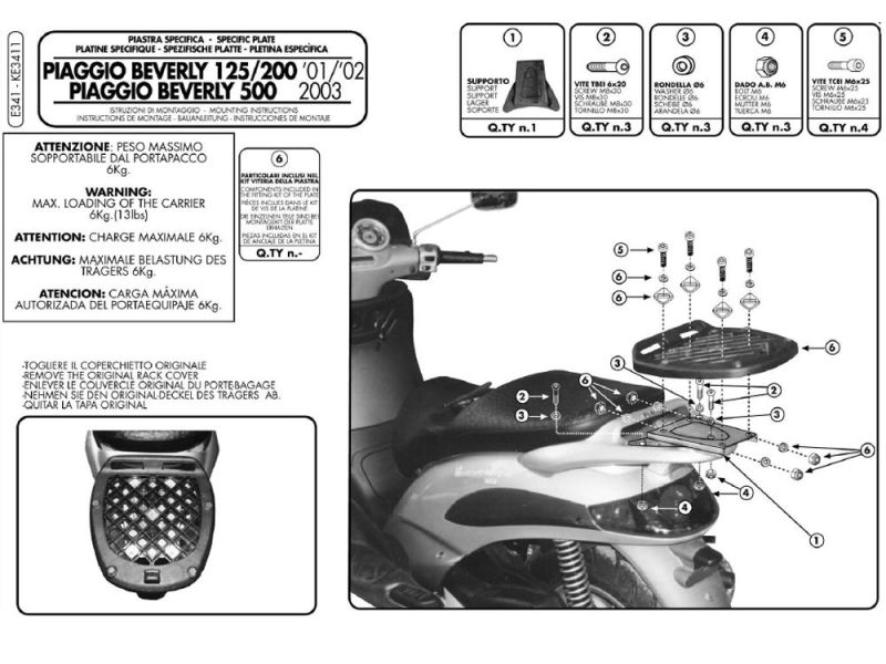 GIVI Montageset E voor Monolock topkoffers Piaggio Beverly 125 / 250 / 500 (2001-2004)
